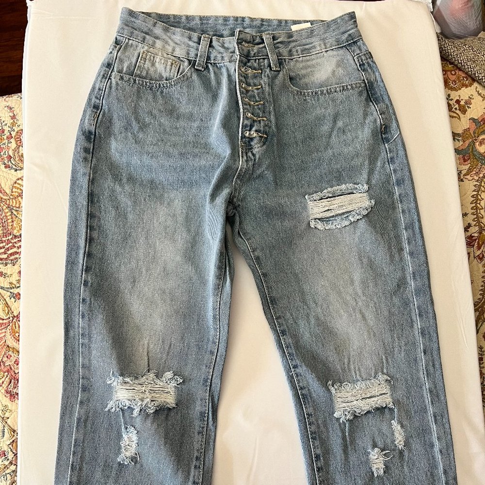 Distressed Ripped Button Fly Jeans  with Slant Pockets